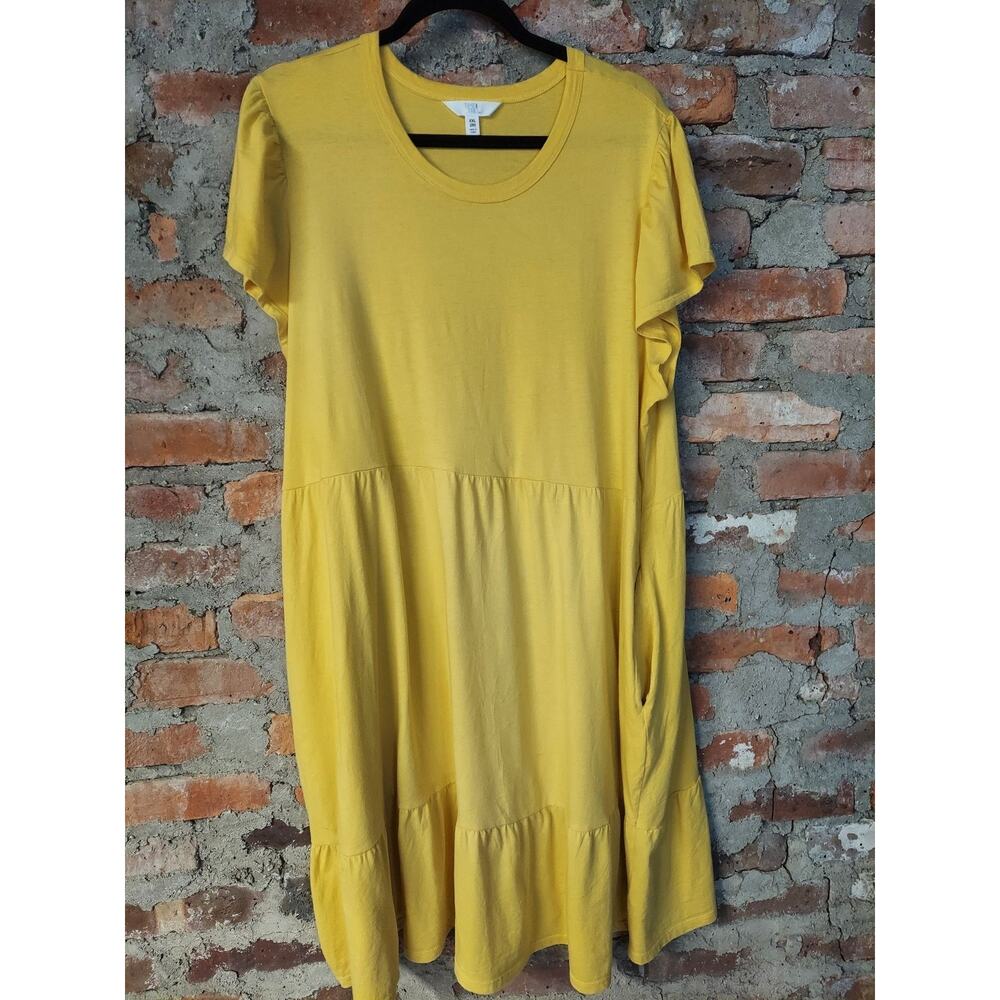 Time and Tru Womens Dress XXL 20 Yellow T-Shirt Tiered Ruffle Sleeve Pockets
